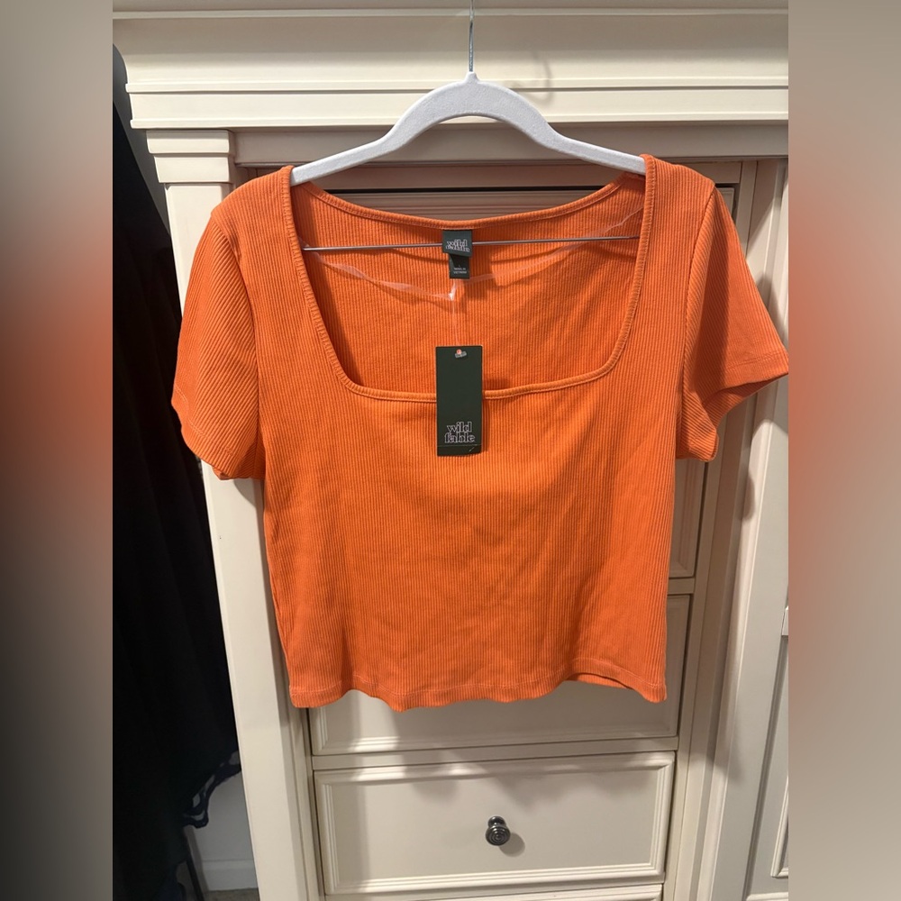 wild fable Orange Ribbed Square-Neck Crop Tee